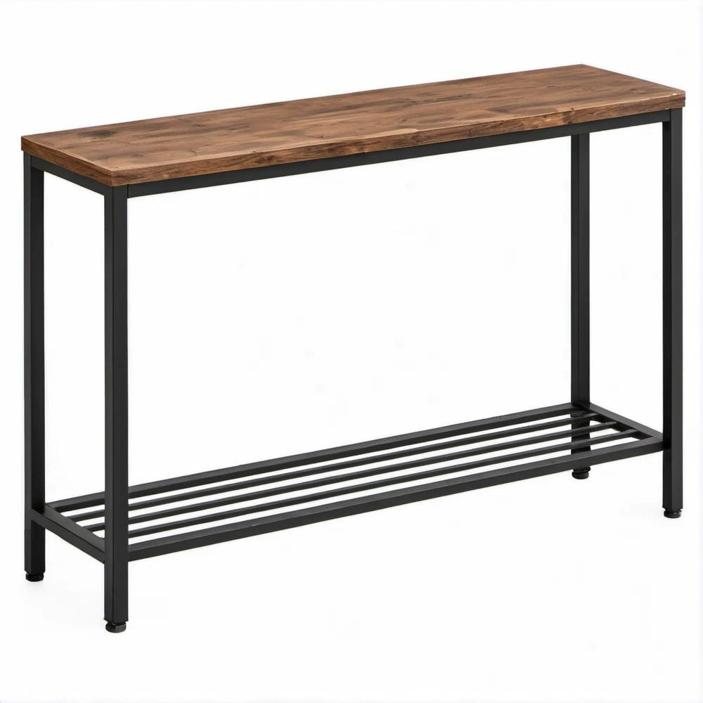 Mesa de Consola Retangular em Pinho Maciço e Aço Castanho e Preto 120 x 35 x 80 cm