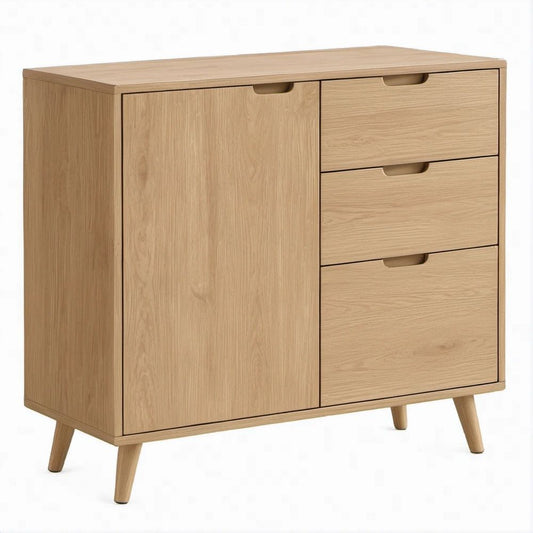 Móvel de Arrumação em MDF Carvalho Natural 80 x 40 x 100 cm com 3 Gavetas e 1 Porta