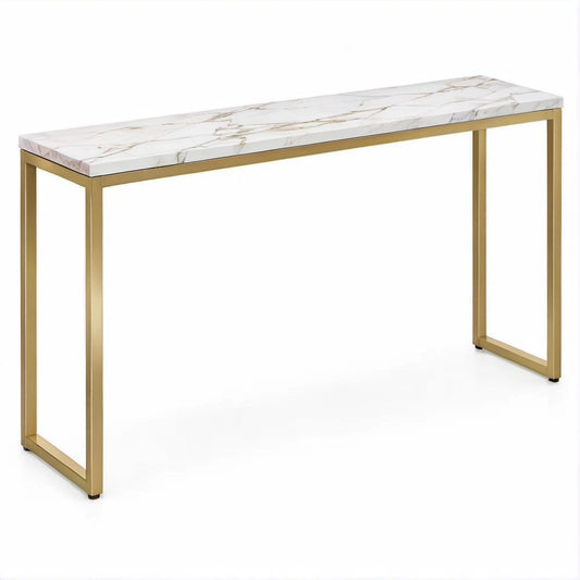 Consola Retangular com Tampo Efeito Mármore Branco e Estrutura Dourada, 120 x 40 x 78 cm