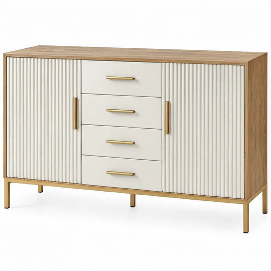 Aparador em MDF com 4 Gavetas e 2 Portas, 120 x 40 x 80 cm, Carvalho, Branco e Dourado