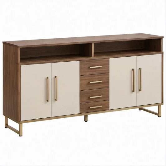 Aparador em Nogueira, Bege e Dourado 160 x 40 x 90 cm com 4 Portas e 4 Gavetas