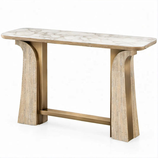 Mesa de Consola Retangular em Branco, Bege e Dourado com Tampo em Pedra Sinterizada, 140 x 40 x 85 cm