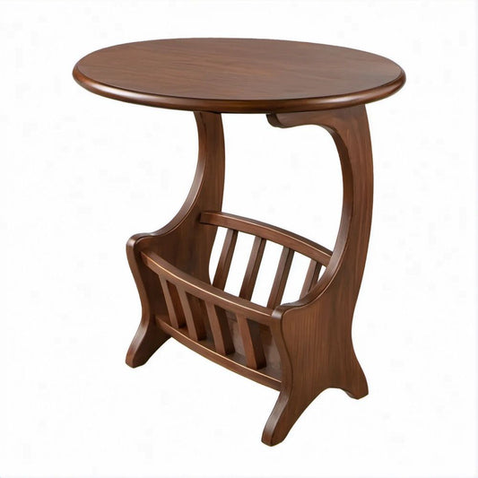 Mesa lateral redonda em madeira maciça castanho-nogueira com revisteiro, 60 x 35 x 60 cm