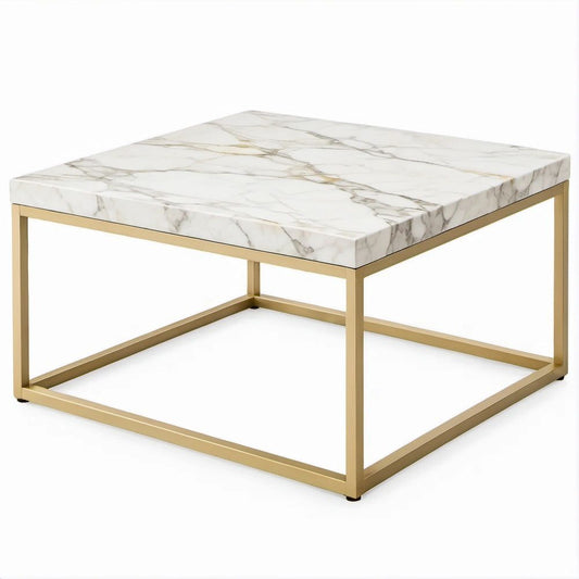 Mesa de Centro Quadrada 80 x 80 x 45 cm em Branco, Dourado e Cinzento