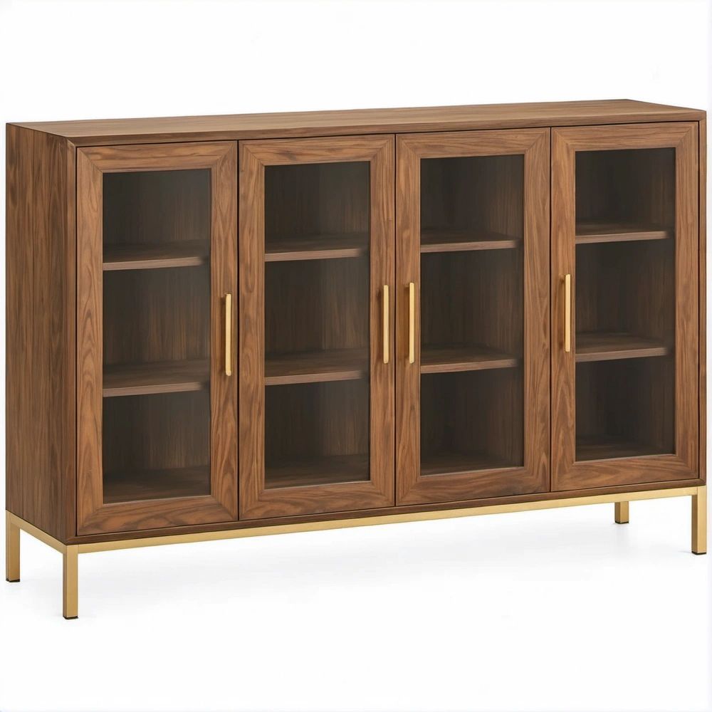 Armário Vitrina em MDF Folheado a Nogueira com 4 Portas de Vidro, 160 x 40 x 100 cm, Castanho, Transparente e Dourado