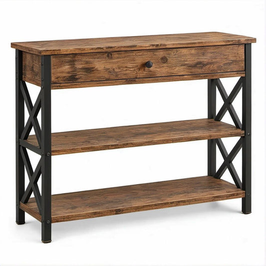 Mesa de Consola Retangular Castanho Rústico e Preto em Aglomerado de Madeira e Aço, 100 x 30 x 80 cm