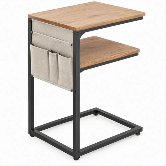 Mesa de Apoio com Organizador Lateral em Carvalho, Preto e Bege 50 x 35 x 60 cm