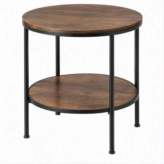 Mesa redonda com prateleira em MDF e aço, Castanho Nogueira/Preto, Ø50 x 55 cm