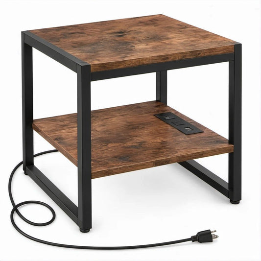 Mesa lateral quadrada com tomadas e portas USB, castanho rústico e preto, 40 x 40 x 60 cm