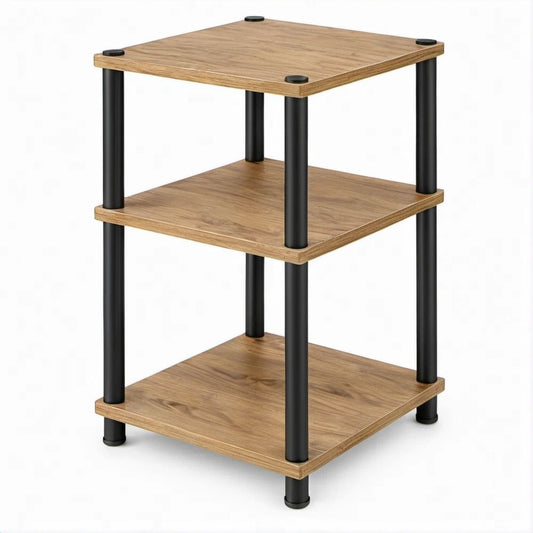 Mesa auxiliar quadrada de 3 prateleiras em efeito madeira e preto, 40 x 40 x 60 cm