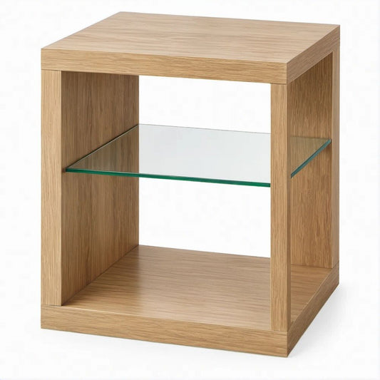 Mesa Lateral Quadrada em Carvalho com Prateleira de Vidro 40 x 40 x 55 cm