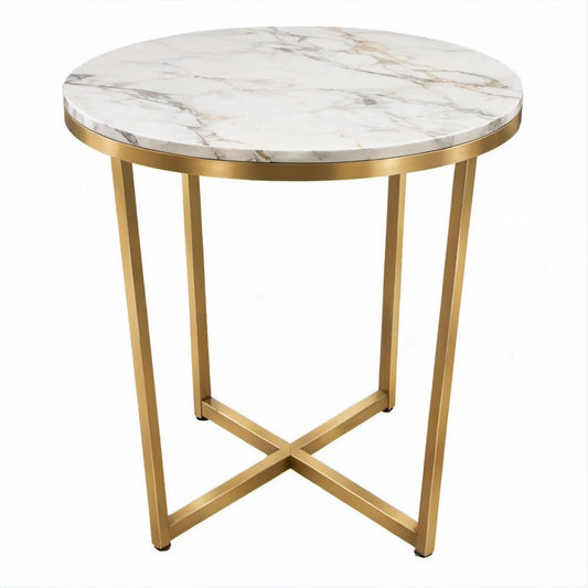 Mesa de Apoio Redonda com Tampo Efeito Mármore Branco e Estrutura Dourada, Ø50 x 60 cm