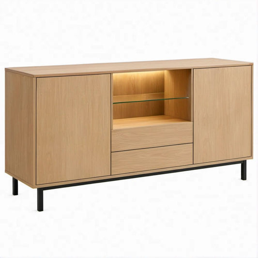 Aparador em MDF Folheado a Carvalho com 2 Portas, 2 Gavetas e Nicho com Vidro, 160 x 40 x 85 cm