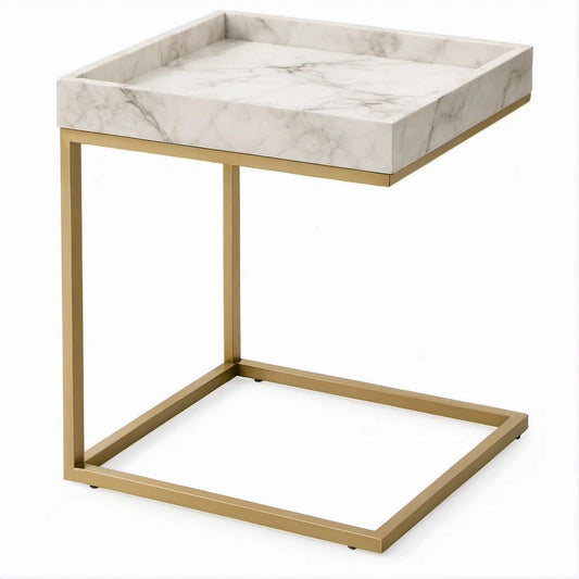 Mesa de Apoio em C com Efeito Mármore Branco e Estrutura Dourada, 45 x 35 x 60 cm