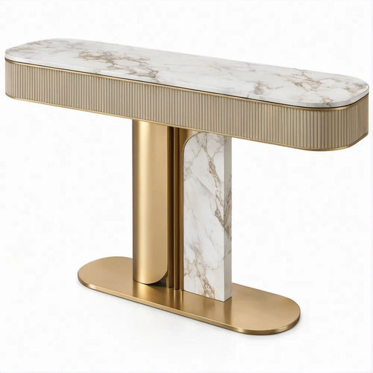 Consola Oval em MDF e Aço Inoxidável Branco Mármore, Bege e Dourado 120 x 35 x 78 cm