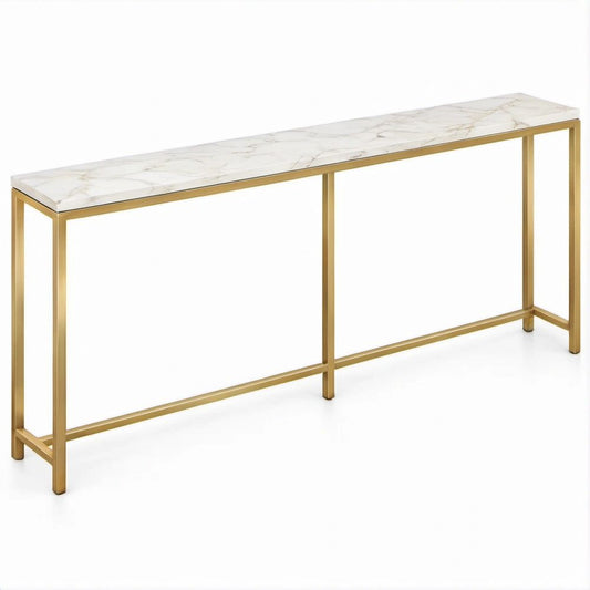 Aparador Retangular Branco Marmoreado e Dourado em MDF e Aço 120 x 30 x 80 cm