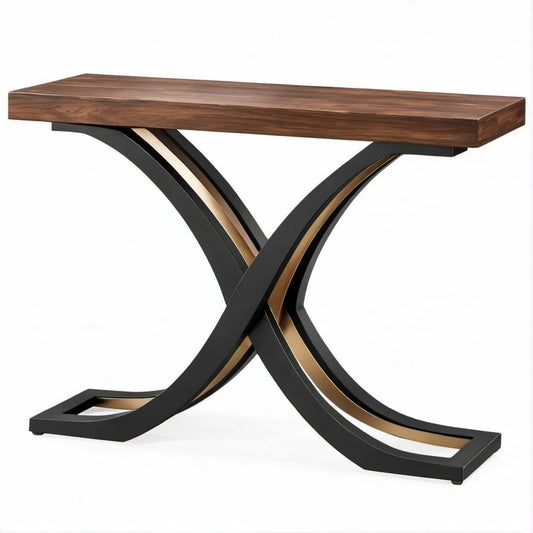 Mesa de Consola Retangular em MDF Cor Nogueira com Estrutura Preta e Dourada, 120 x 40 x 78 cm