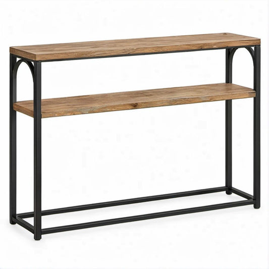 Mesa de Consola Retangular em Madeira de Mangueira e Aço Castanho e Preto, 100 x 30 x 80 cm