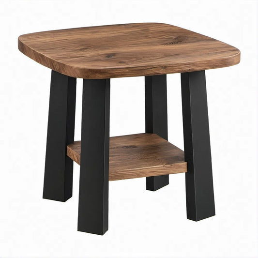 Mesa lateral quadrada em madeira maciça de acácia e aço, castanha e preta, 50 x 50 x 55 cm