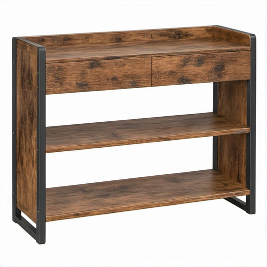 Consola Retangular Castanho-Escuro e Preto 100 x 30 x 80 cm com 2 Gavetas e 2 Prateleiras
