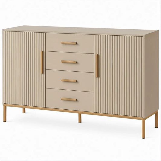 Aparador em MDF Bege com 4 Gavetas, 2 Portas Caneladas e Pés Dourados, 160 x 40 x 90 cm