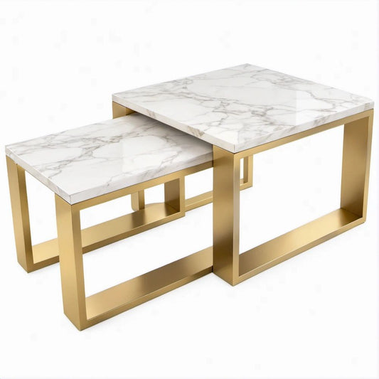 Conjunto de 2 Mesas Laterais Retangulares com Efeito Mármore Branco e Estrutura Dourada, 60 x 40 x 55 cm e 50 x 35 x 45 cm
