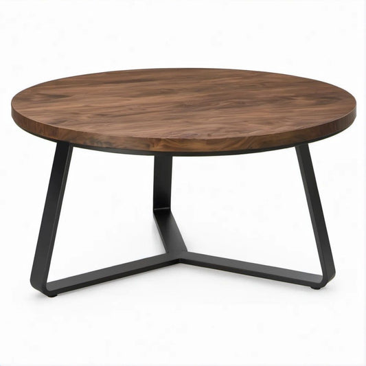 Mesa de Centro Redonda em Madeira Maciça de Nogueira e Aço Preto, Ø100 x 45 cm