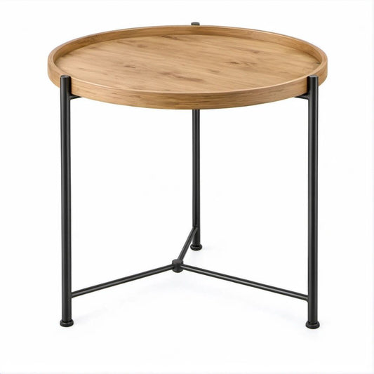 Mesa Lateral Redonda em MDF Folheado a Carvalho e Aço Castanho/Preto, Ø45 x 50 cm