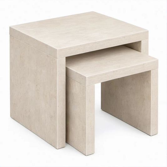 Conjunto Encaixável de 2 Mesas Quadradas em MDF Bege Marmoreado, 50 x 50 x 50 cm e 40 x 40 x 40 cm