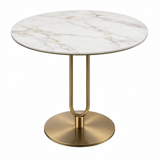 Mesa Redonda Branca e Dourada com Efeito Mármore, Ø 50 x 55 cm